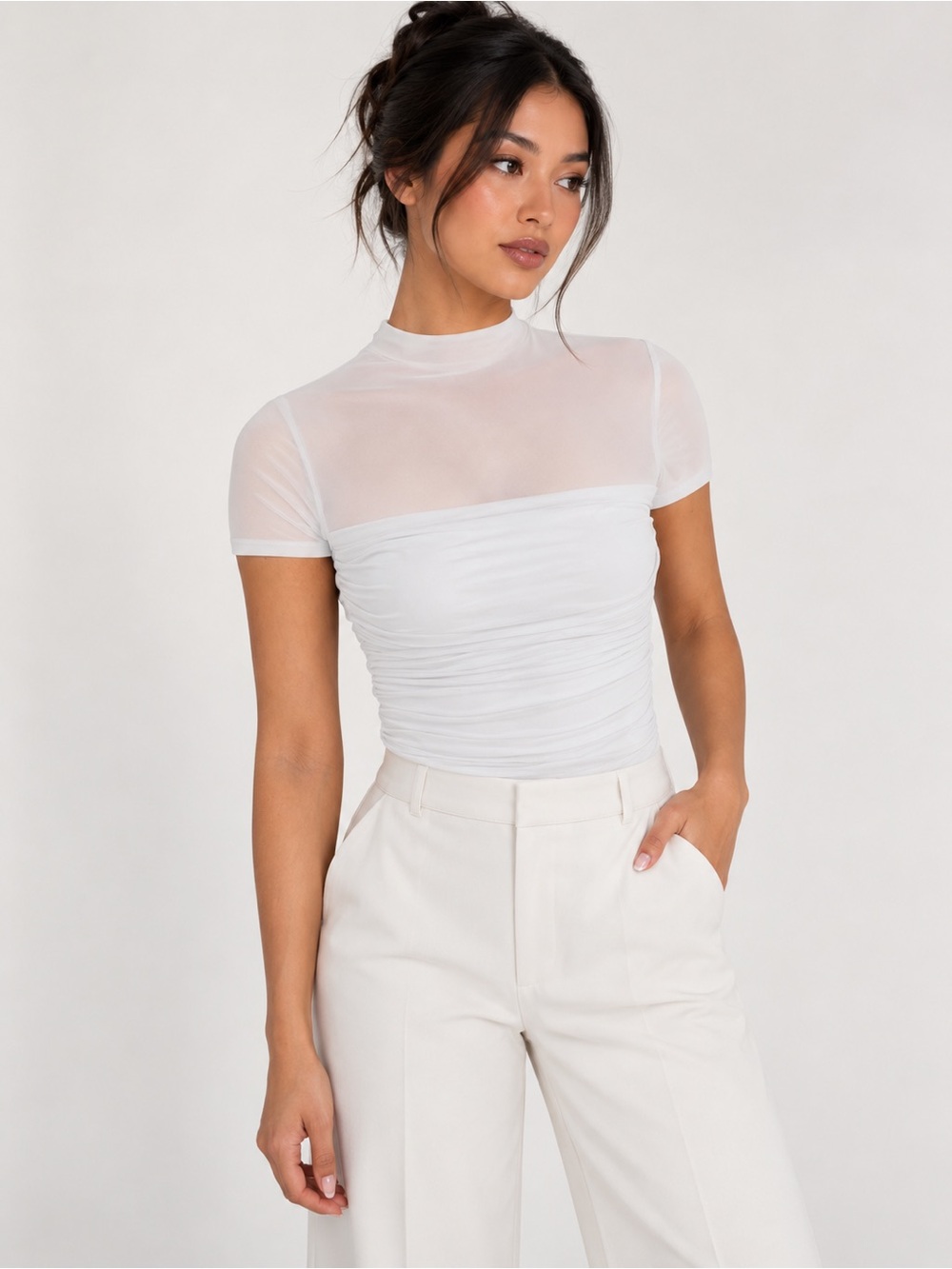 REORIA Veiled Allure High Neck Sheer Mesh Ruched Bodysuit White XXL